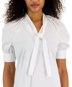 Anne Klein Women's Short-Sleeve Poplin Tie-Neck Top -CeCe cloth-shop 23676999 fpx