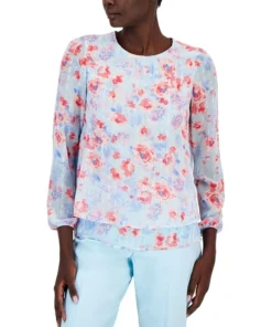 Anne Klein Women's Floral-Print Double-Layer Bracelet-Sleeve Blouse