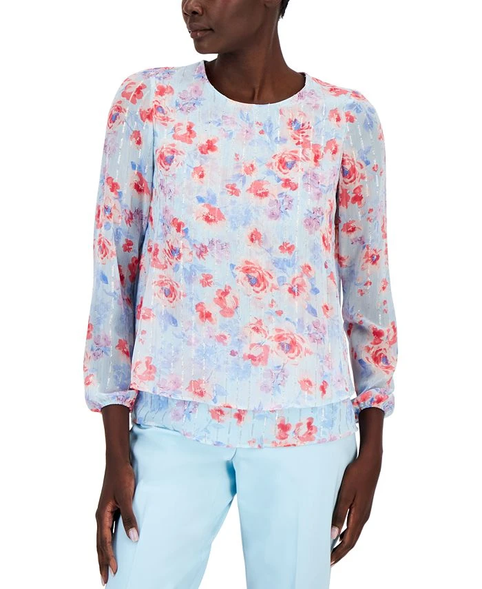 Anne Klein Women's Floral-Print Double-Layer Bracelet-Sleeve Blouse 1 Anne Klein Women's Floral-Print Double-Layer Bracelet-Sleeve Blouse