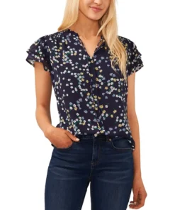 CeCe Women's Split-Neck Flutter-Sleeve Printed Blouse