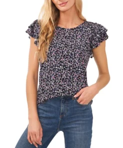 CeCe Women's Floral-Print Double-Ruffle Sleeve Top