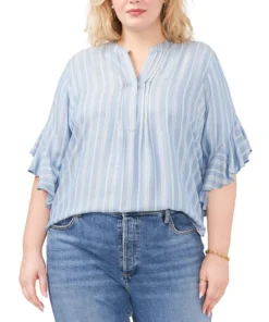 Vince Camuto Plus Size Ruffled-Cuff Pleated-Neck Top