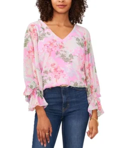 Vince Camuto Women's V-Neck Long-Sleeve Smocked-Cuff Top