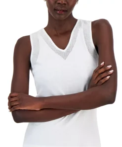 Anne Klein Women's V-Neck Mesh-Trim Tank Top -CeCe cloth-shop 23777330 fpx