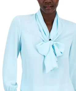 Anne Klein Women's Chiffon Smocked-Cuff Bow Blouse -CeCe cloth-shop 23777463 fpx