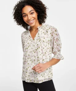 CeCe Women's Floral-Print Tie-Neck Clip-Dot Blouse