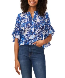 Vince Camuto Women's Flutter Sleeve Pintuck Henley Top