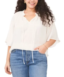 Vince Camuto Plus Size Pleated Size Split-Neck Blouse